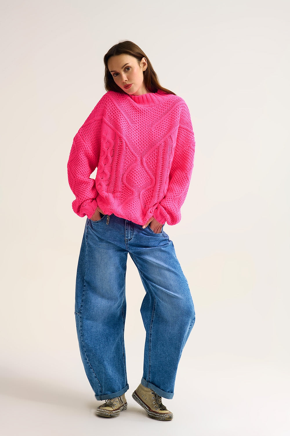 Chunky Cable Knit fucshia Pullover with Dropped Shoulder