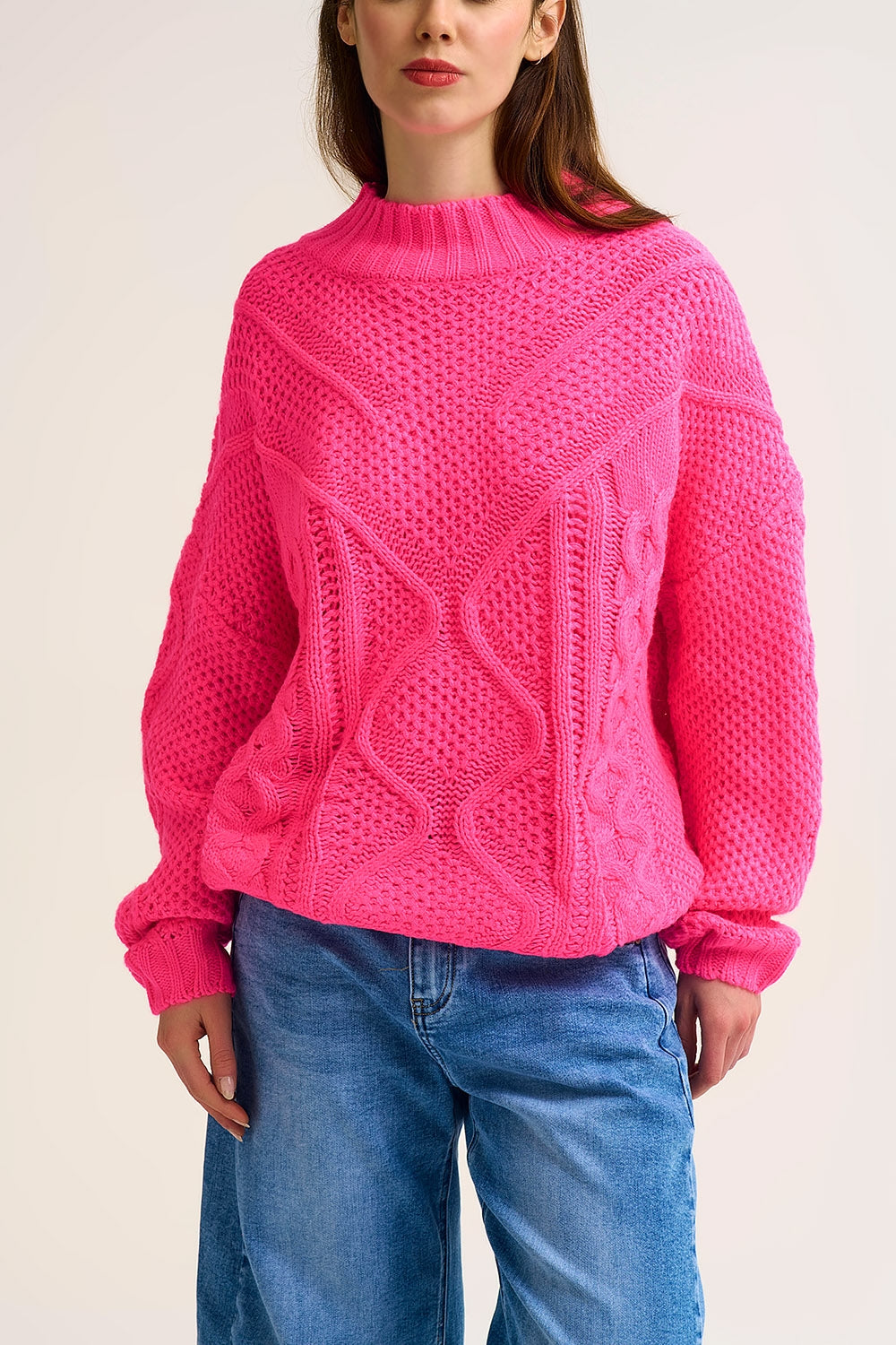 Chunky Cable Knit fucshia Pullover with Dropped Shoulder