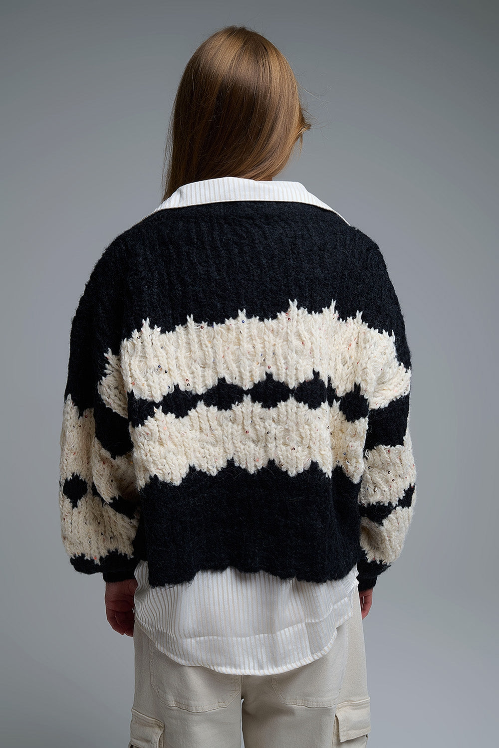 Chunky Knit Striped Cardigan With Sequin Details in Black