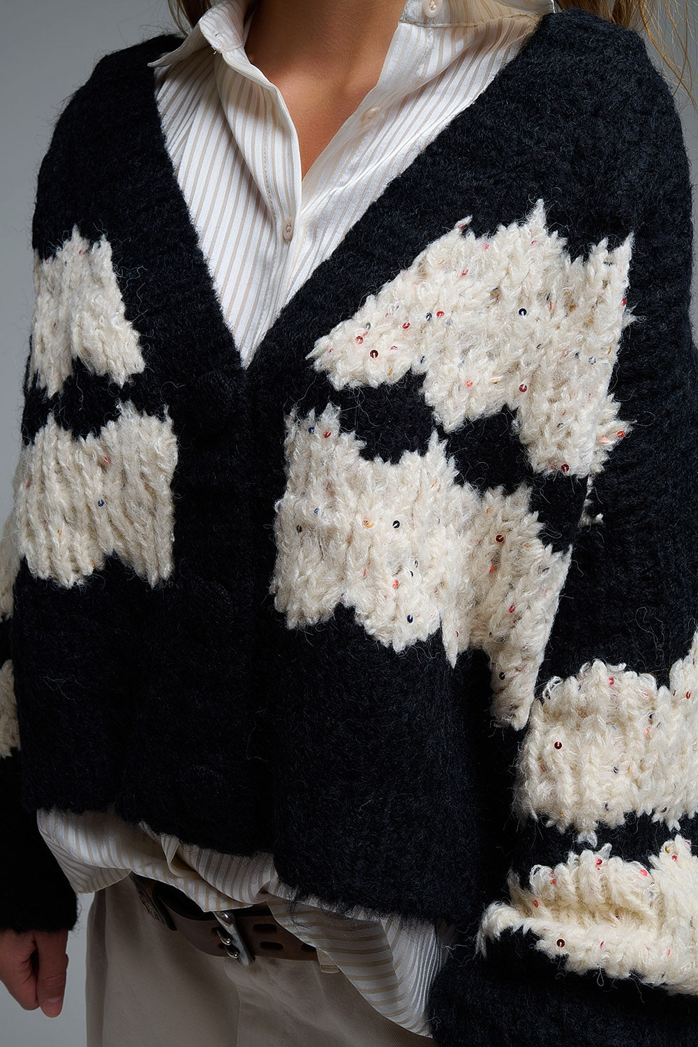 Chunky Knit Striped Cardigan With Sequin Details in Black