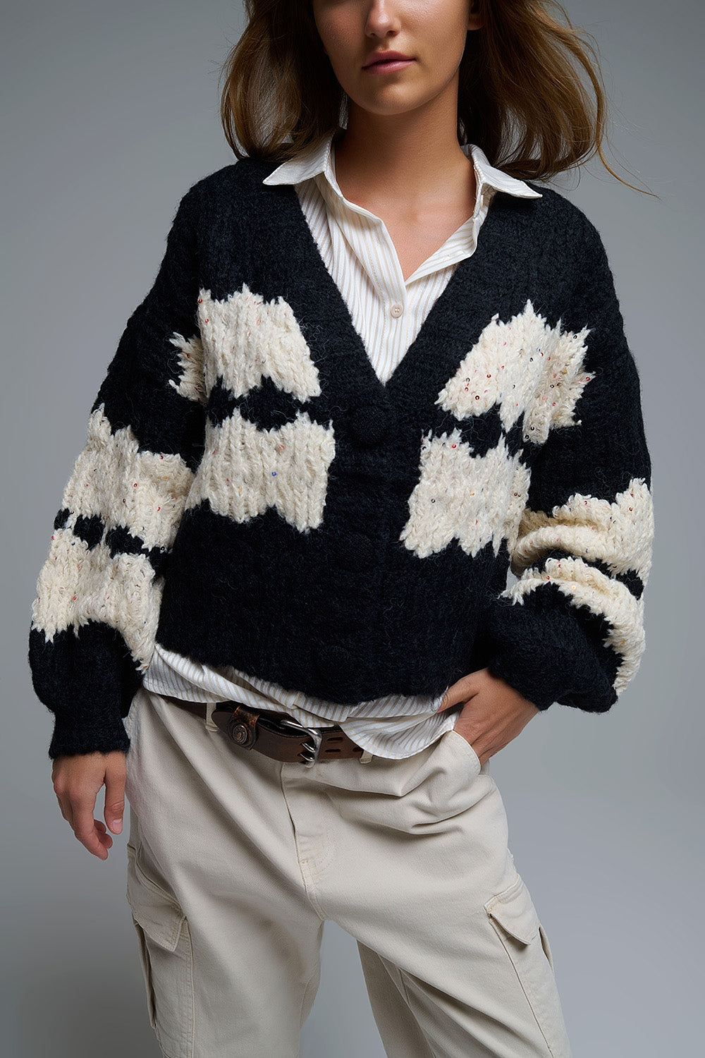 Chunky Knit Striped Cardigan With Sequin Details in Black