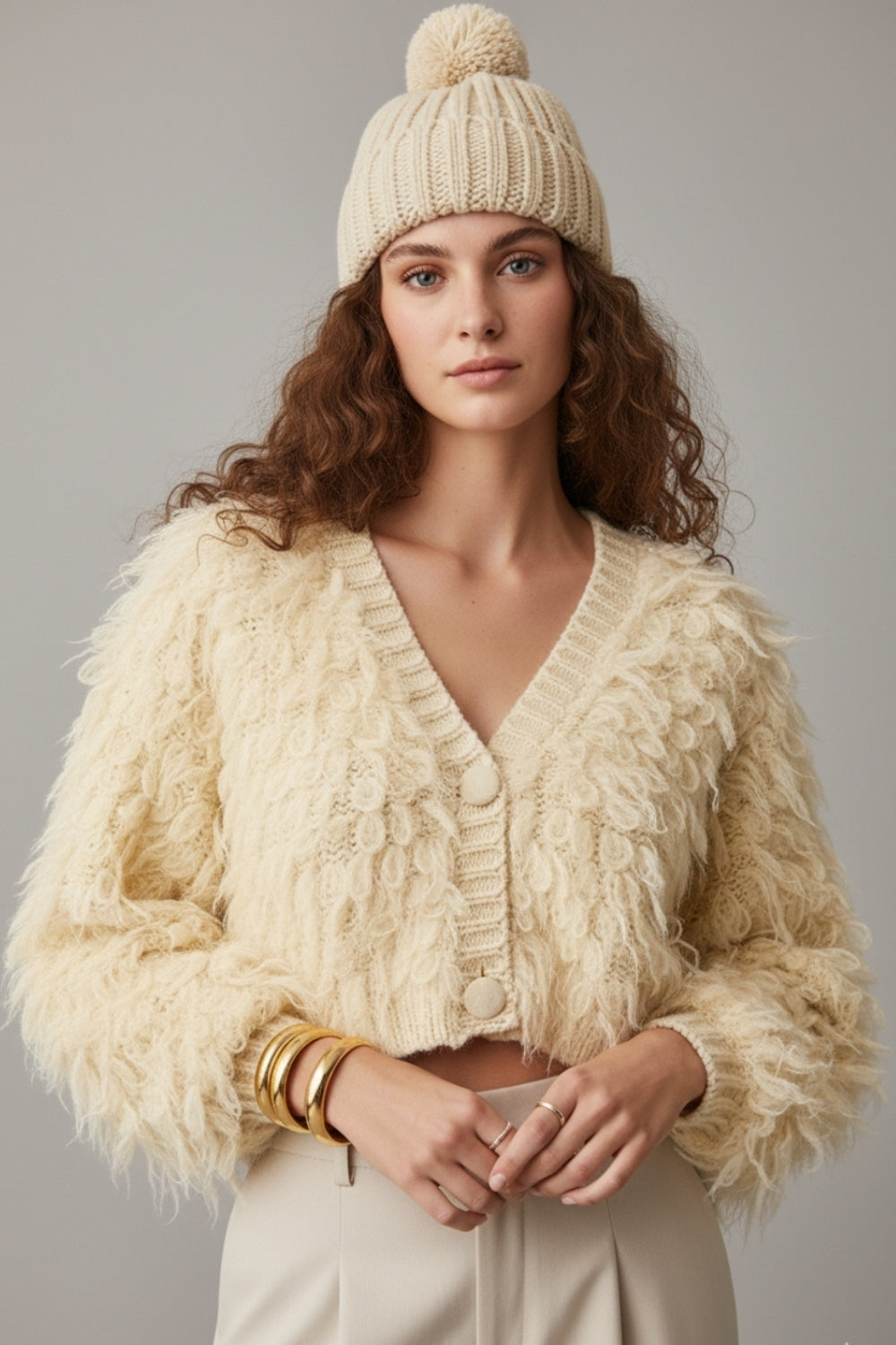 Chunky Shag Style Fluffy Knitted Cardigan in cream