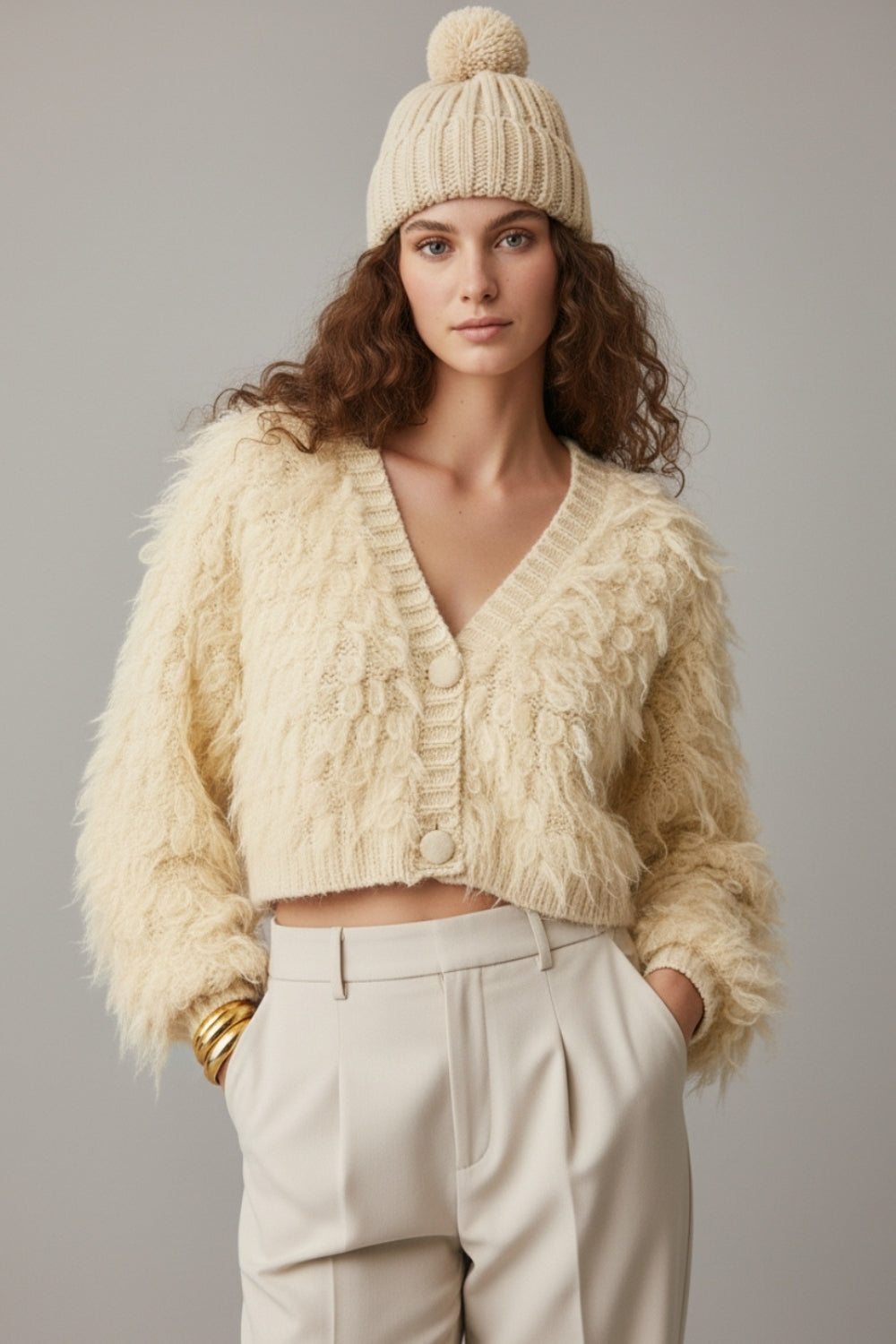 Q2 Chunky Shag Style Fluffy Knitted Cardigan in cream