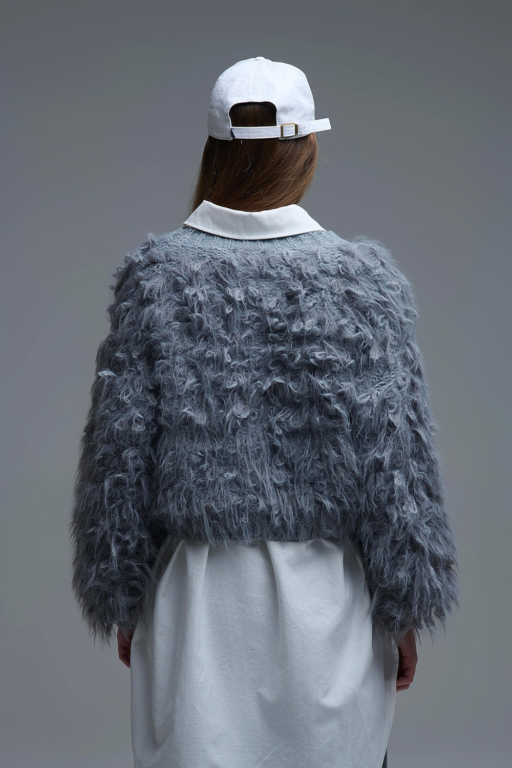 Chunky Shag Style Fluffy Knitted Cardigan in Grey