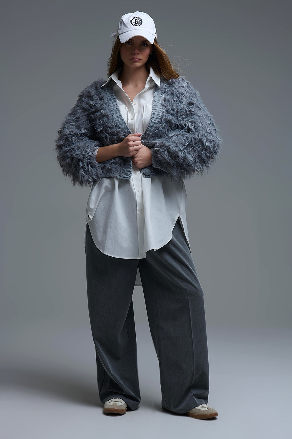 Chunky Shag Style Fluffy Knitted Cardigan in Grey