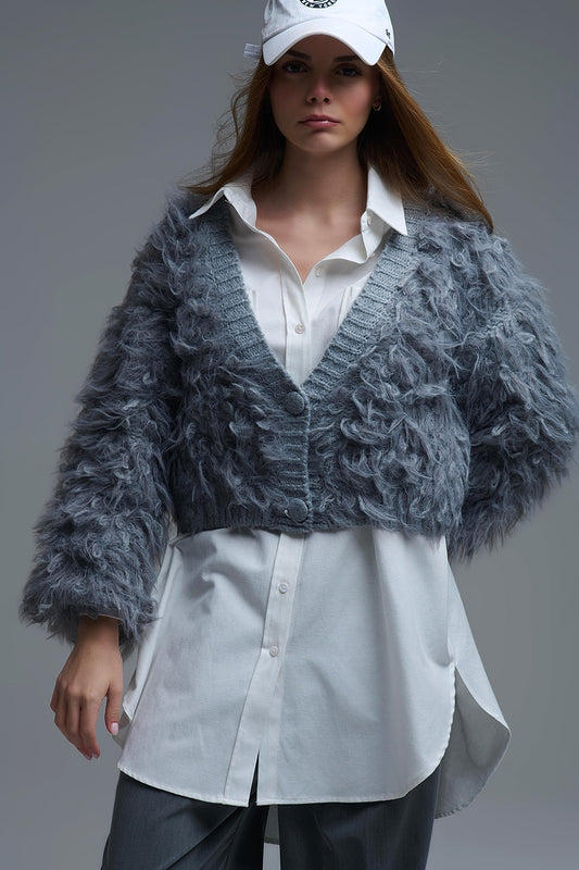 Q2 Chunky Shag Style Fluffy Knitted Cardigan in Grey