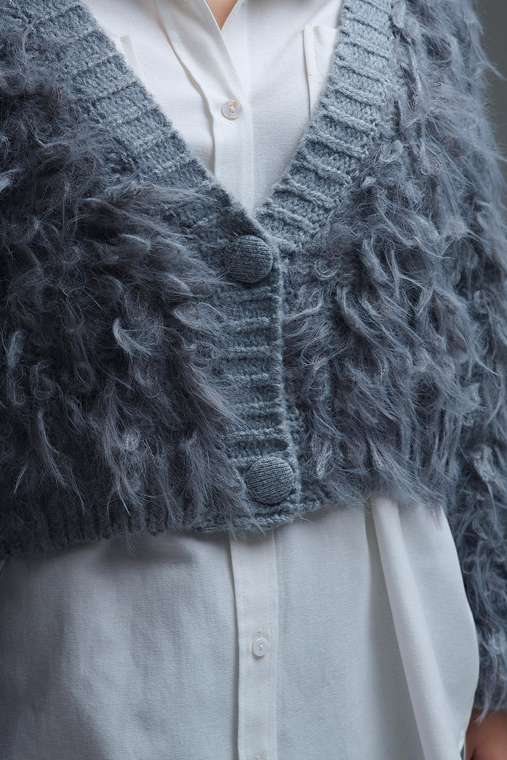 Chunky Shag Style Fluffy Knitted Cardigan in Grey