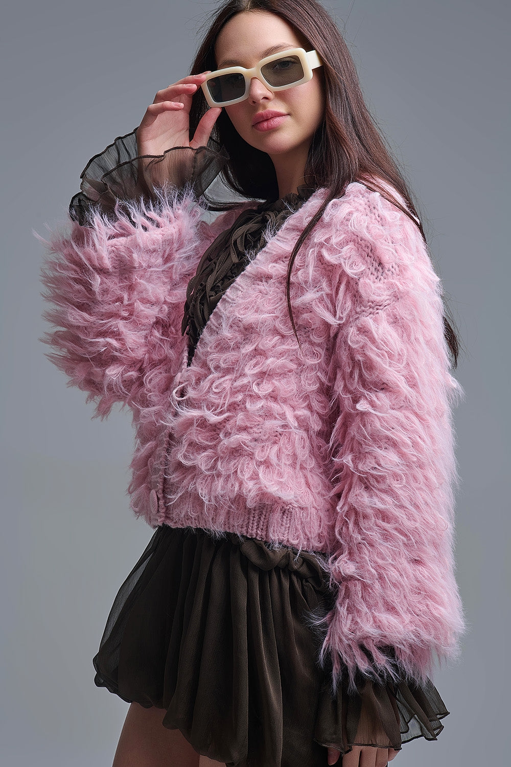 Q2 Chunky Shag Style Fluffy Knitted Cardigan in Pink
