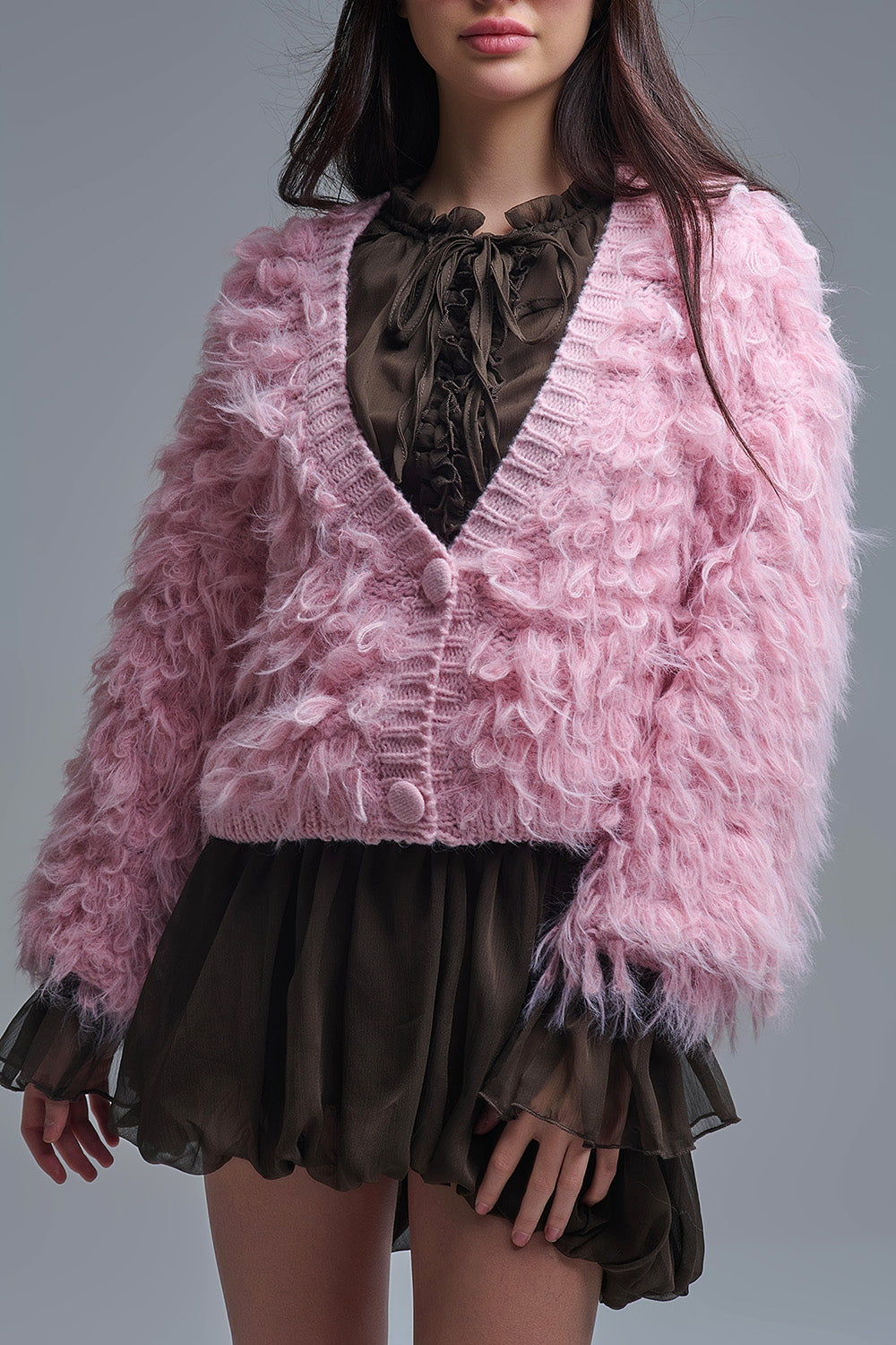 Chunky Shag Style Fluffy Knitted Cardigan in Pink