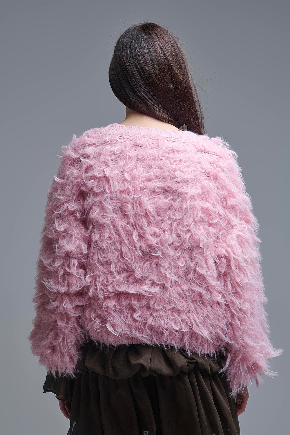 Chunky Shag Style Fluffy Knitted Cardigan in Pink