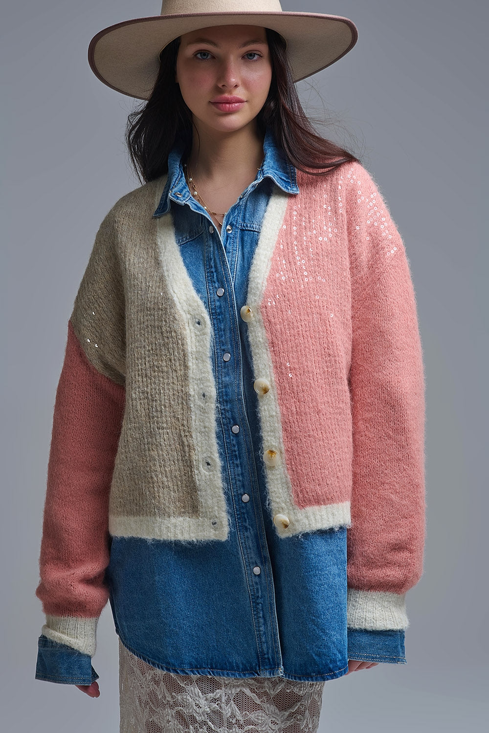 Q2 Color-block Sequin V-Neck Cardigan