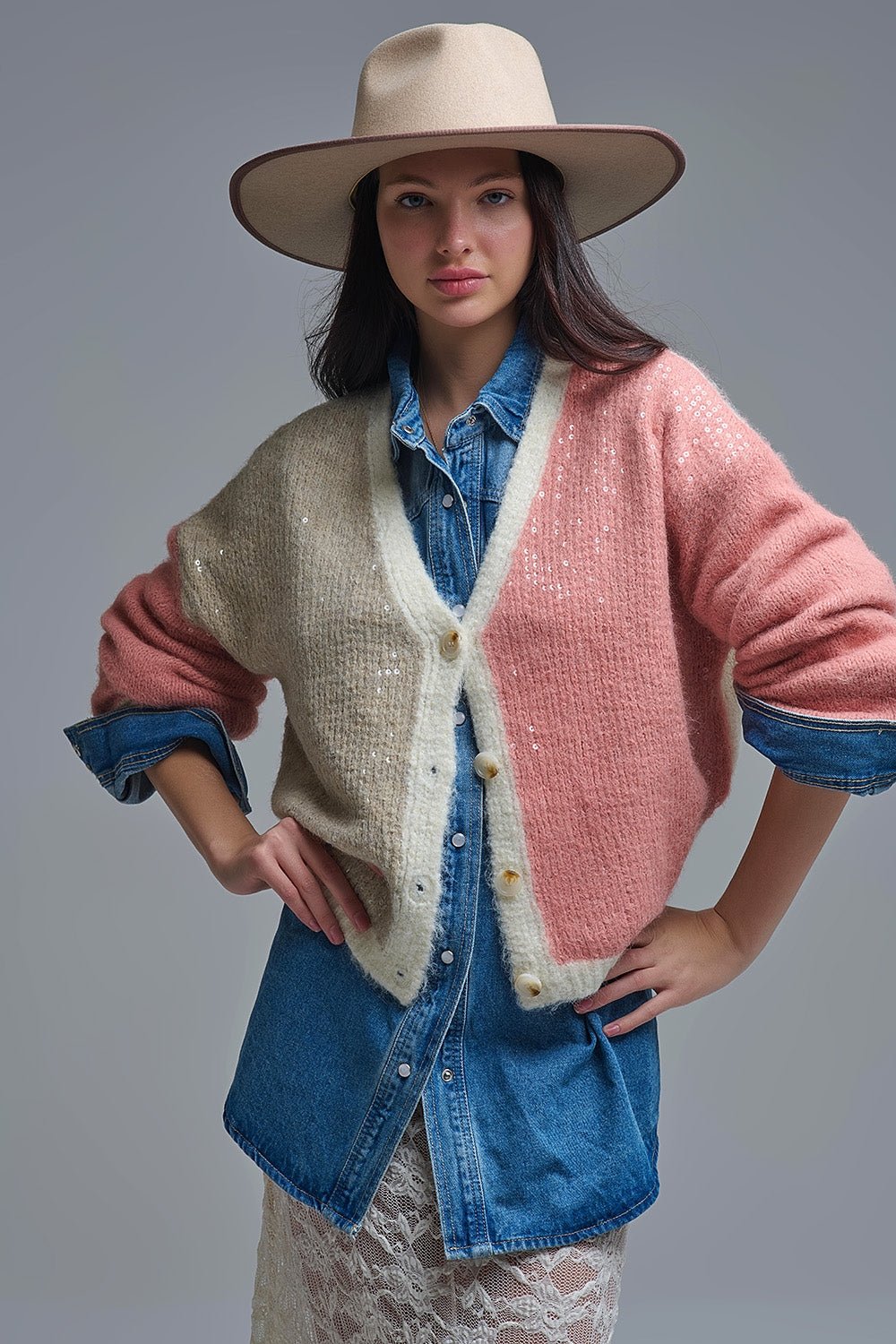Color-block Sequin V-Neck Cardigan