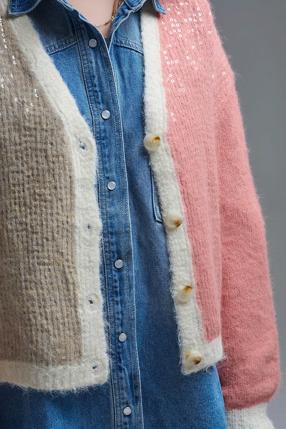 Color-block Sequin V-Neck Cardigan