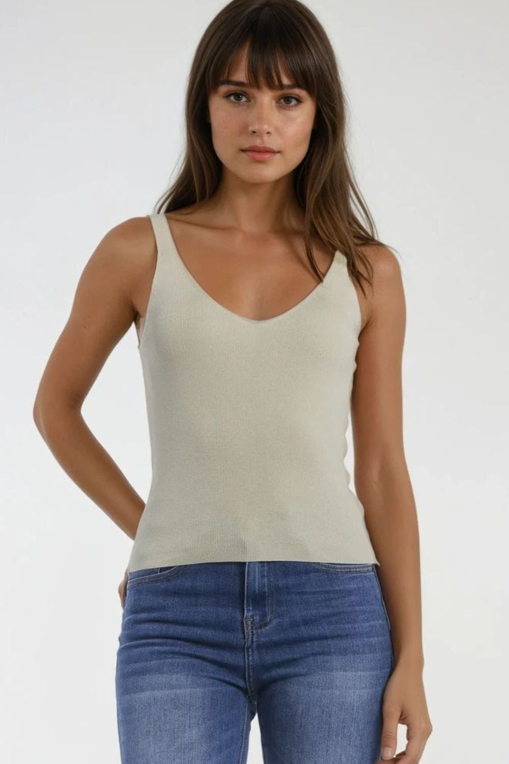 Q2 Comfy Ribbed Tank Top in Beige