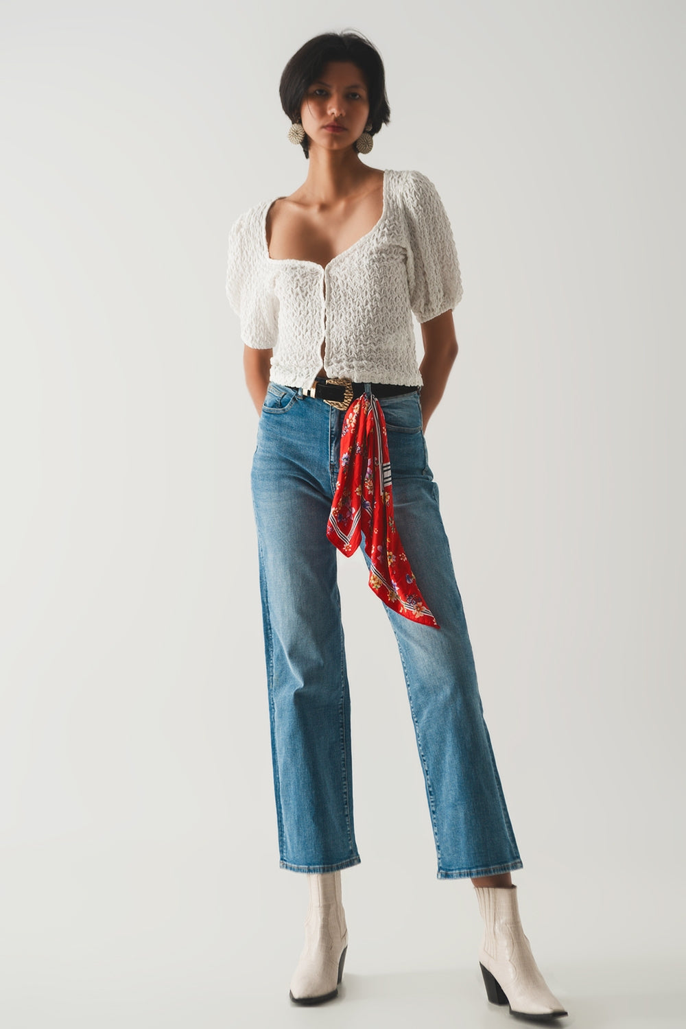 Cotton blend high waist wide leg jeans