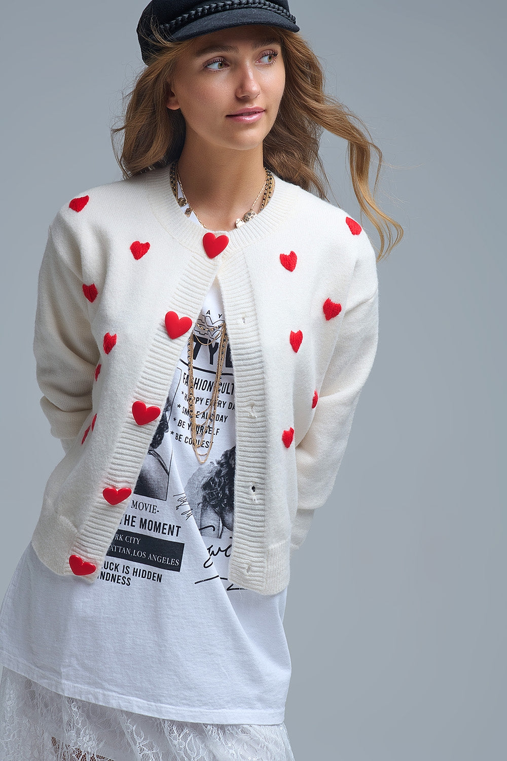 Q2 Cozy White Cardigan with Red Hearts