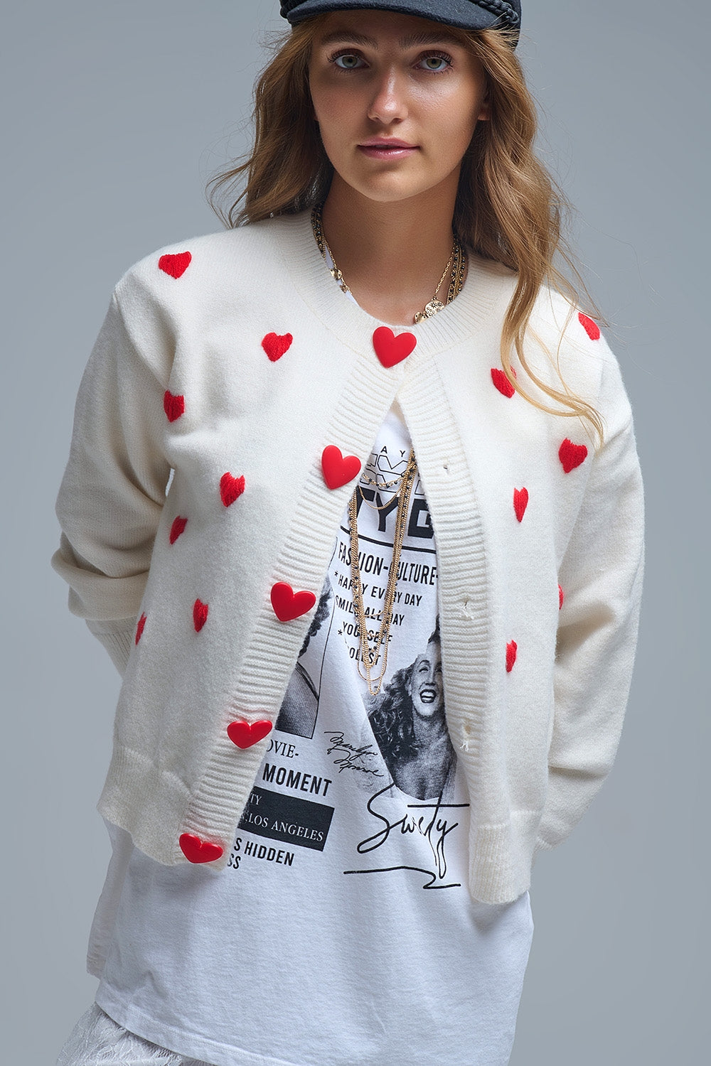 Cozy White Cardigan with Red Hearts