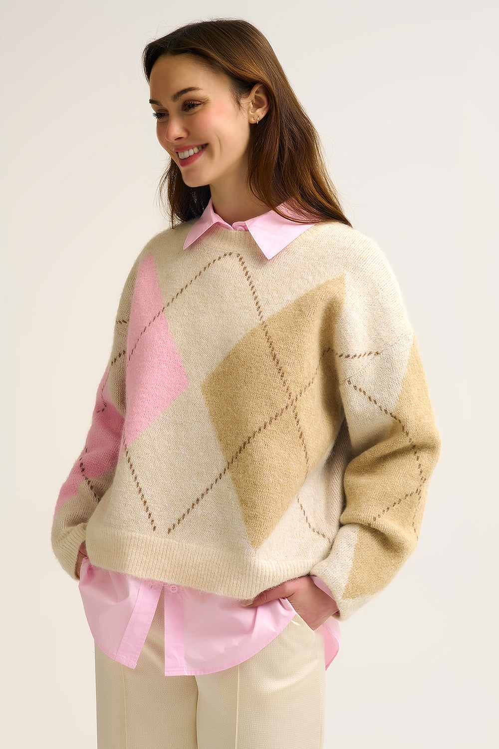 Q2 Cream Argyle Knit Sweater with Contrast Color Blocks pink and camel