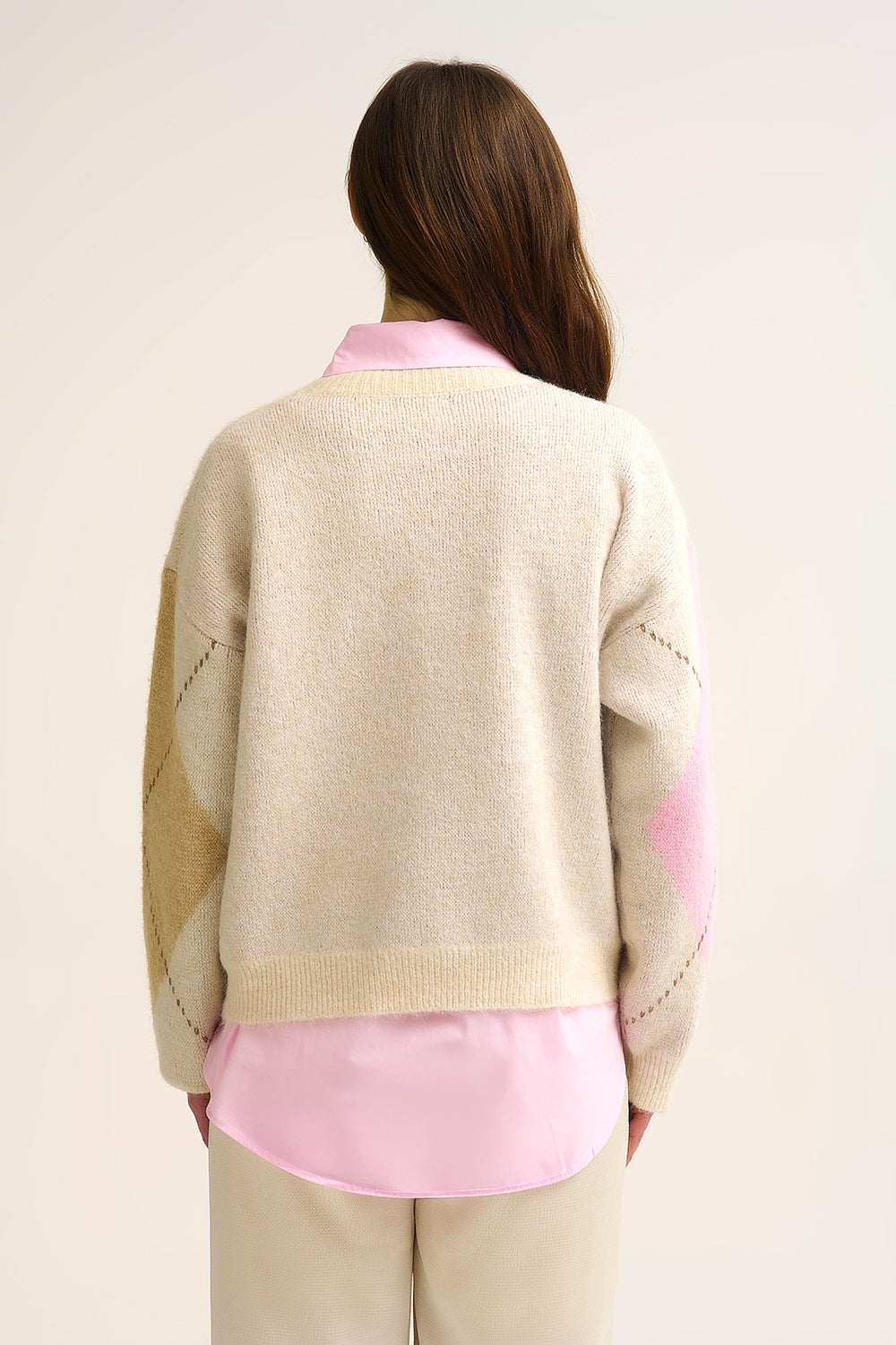 Cream Argyle Knit Sweater with Contrast Color Blocks pink and camel