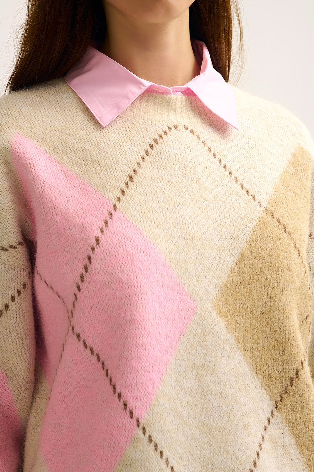 Cream Argyle Knit Sweater with Contrast Color Blocks pink and camel