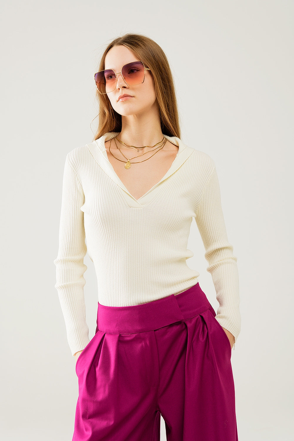 Q2 cream Collared Rib sweater With Long Sleeves