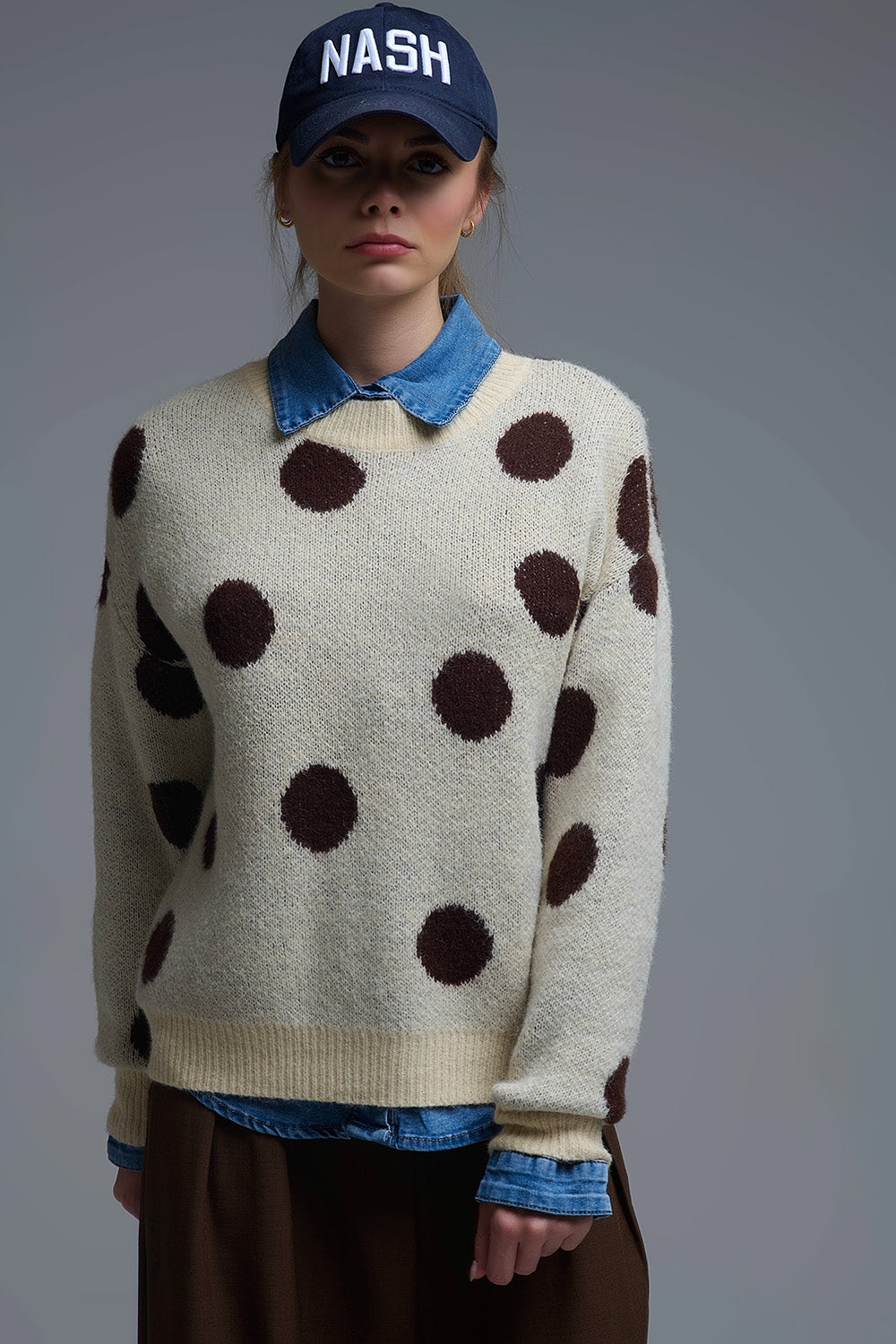 Cream Crew Neck Sweater with brown Polka Dot