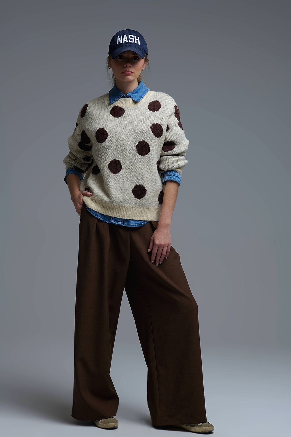 Cream Crew Neck Sweater with brown Polka Dot