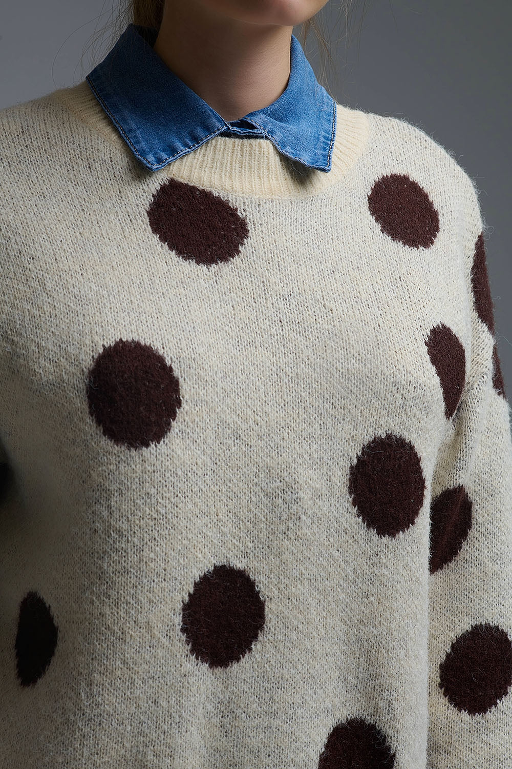 Cream Crew Neck Sweater with brown Polka Dot