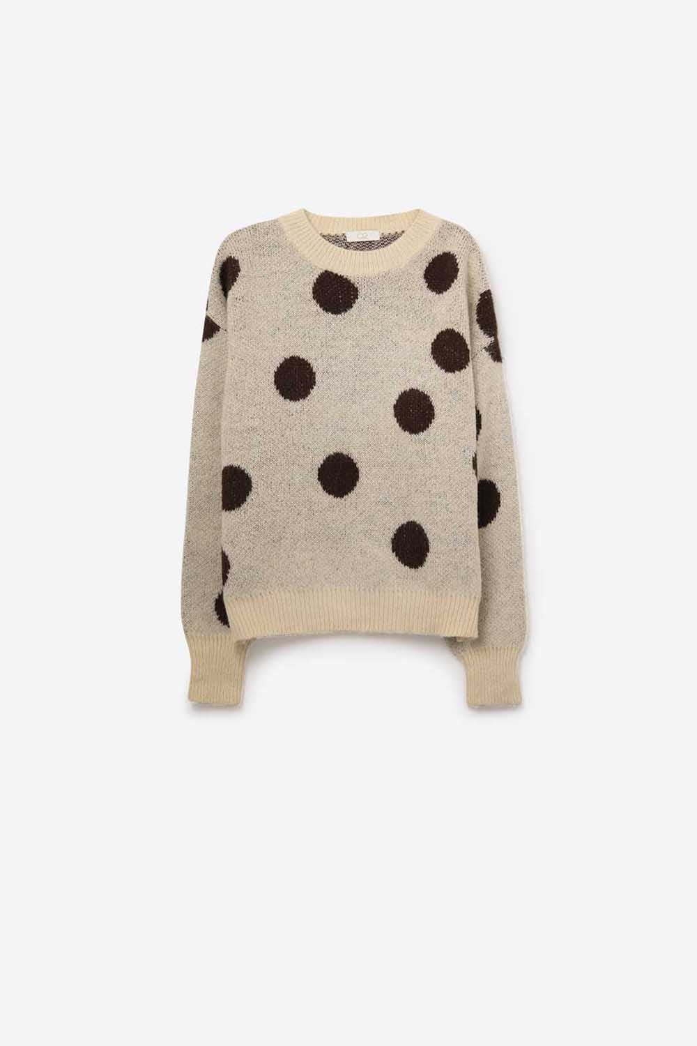 Cream Crew Neck Sweater with brown Polka Dot
