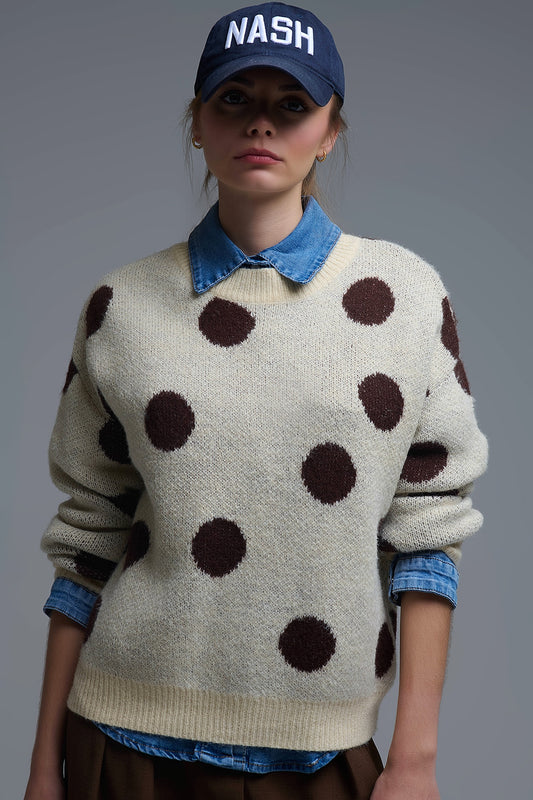 Q2 Cream Crew Neck Sweater with brown Polka Dot