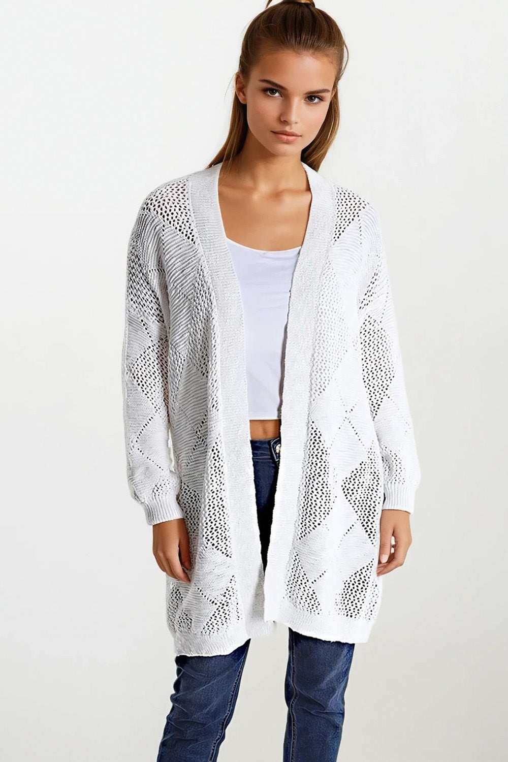 Q2 Cream Draped Cardigan With Crochet Design