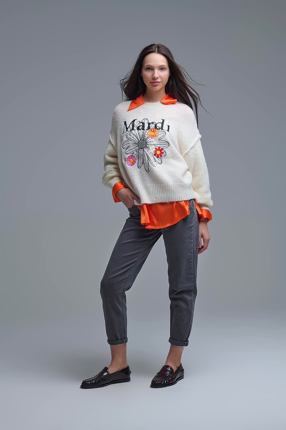 Cream Embroidered Mardi Sweater With Flowers