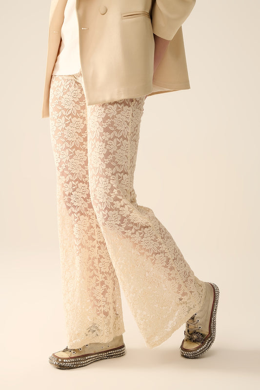 Cream flare Pants in Floral Lace