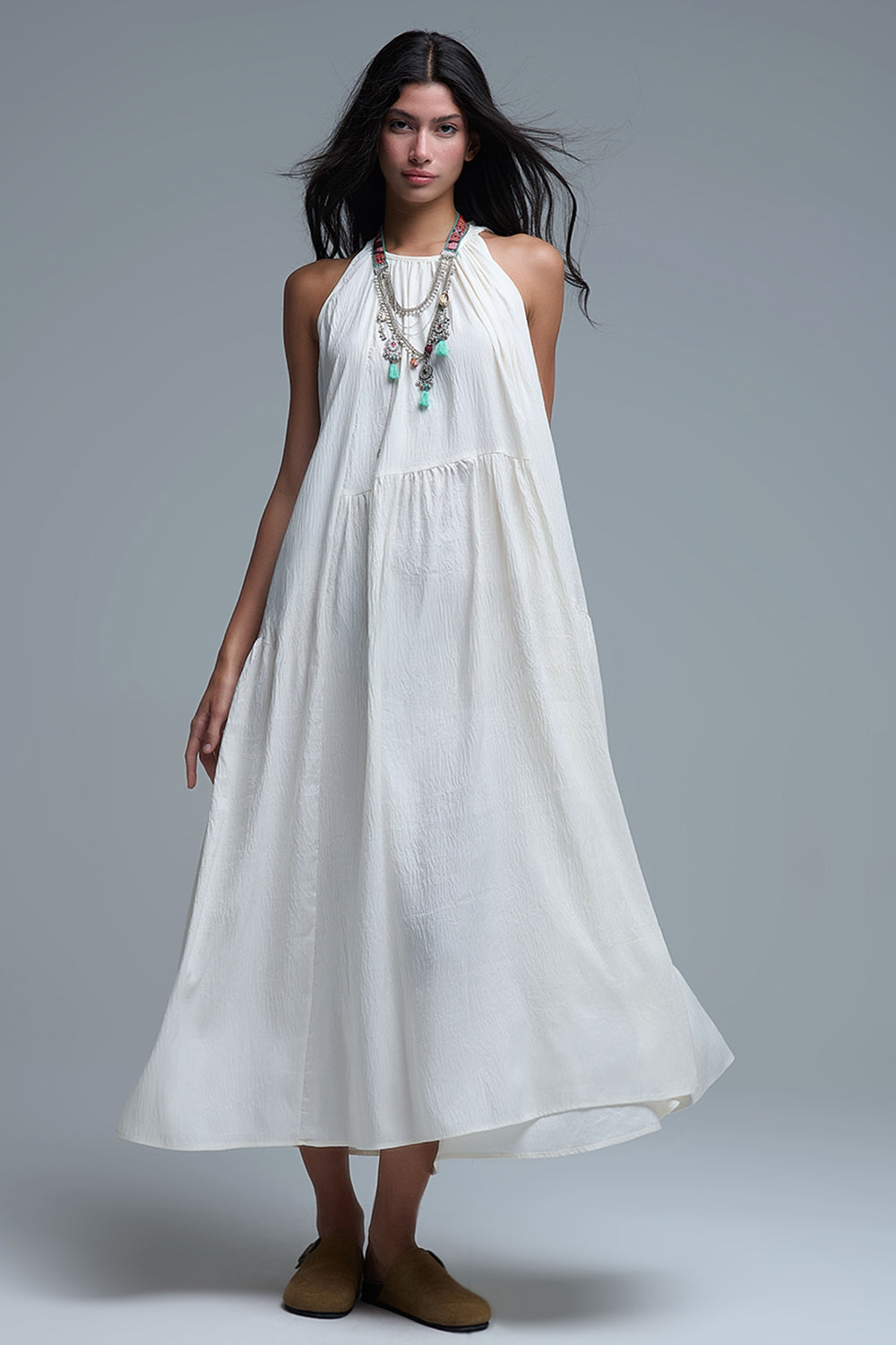 Cream Halter Neck Maxi Dress With Seam Detailing