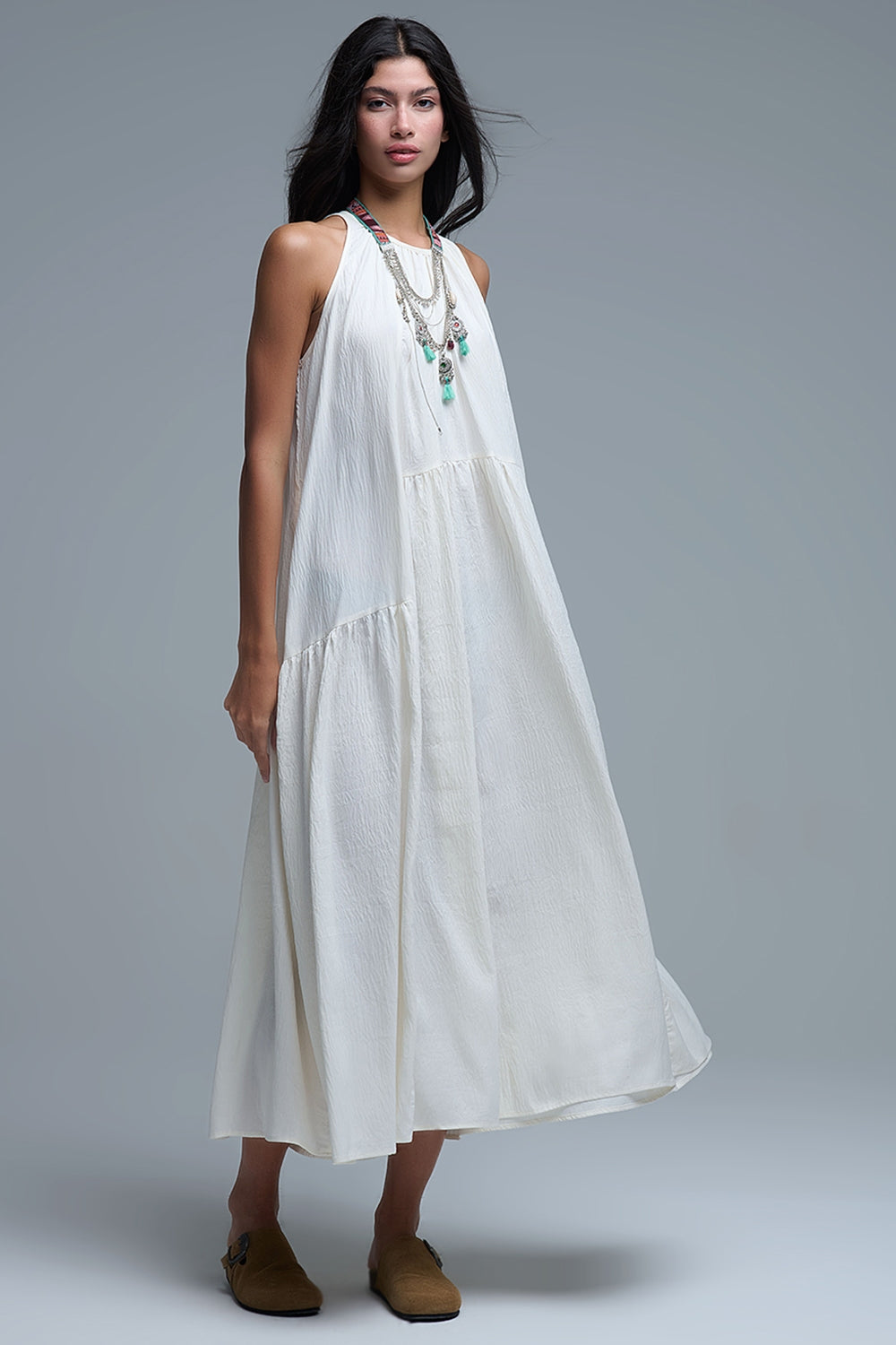 Cream Halter Neck Maxi Dress With Seam Detailing