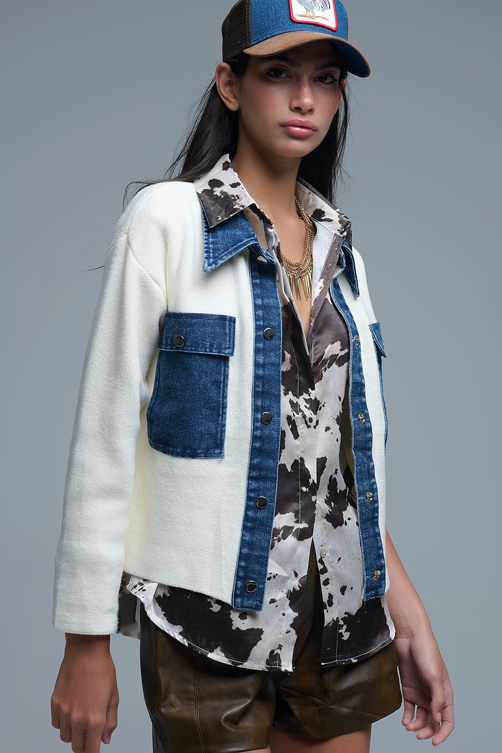 Q2 Cream Knitted Cardigan With Blue Denim Details