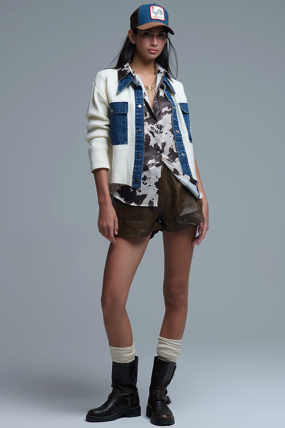 Cream Knitted Cardigan With Blue Denim Details