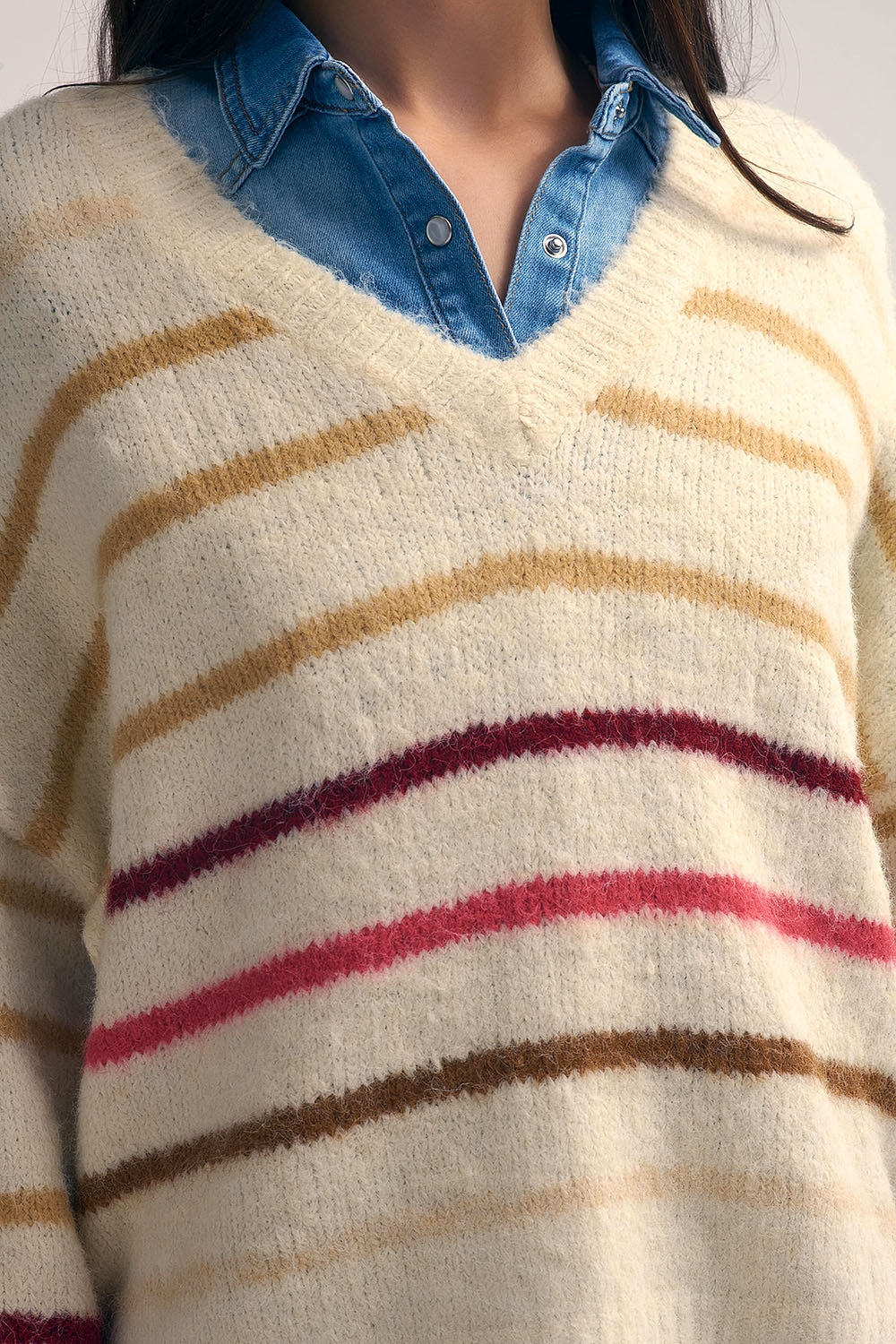 Cream Oversized Sweater with Multicolor Stripe