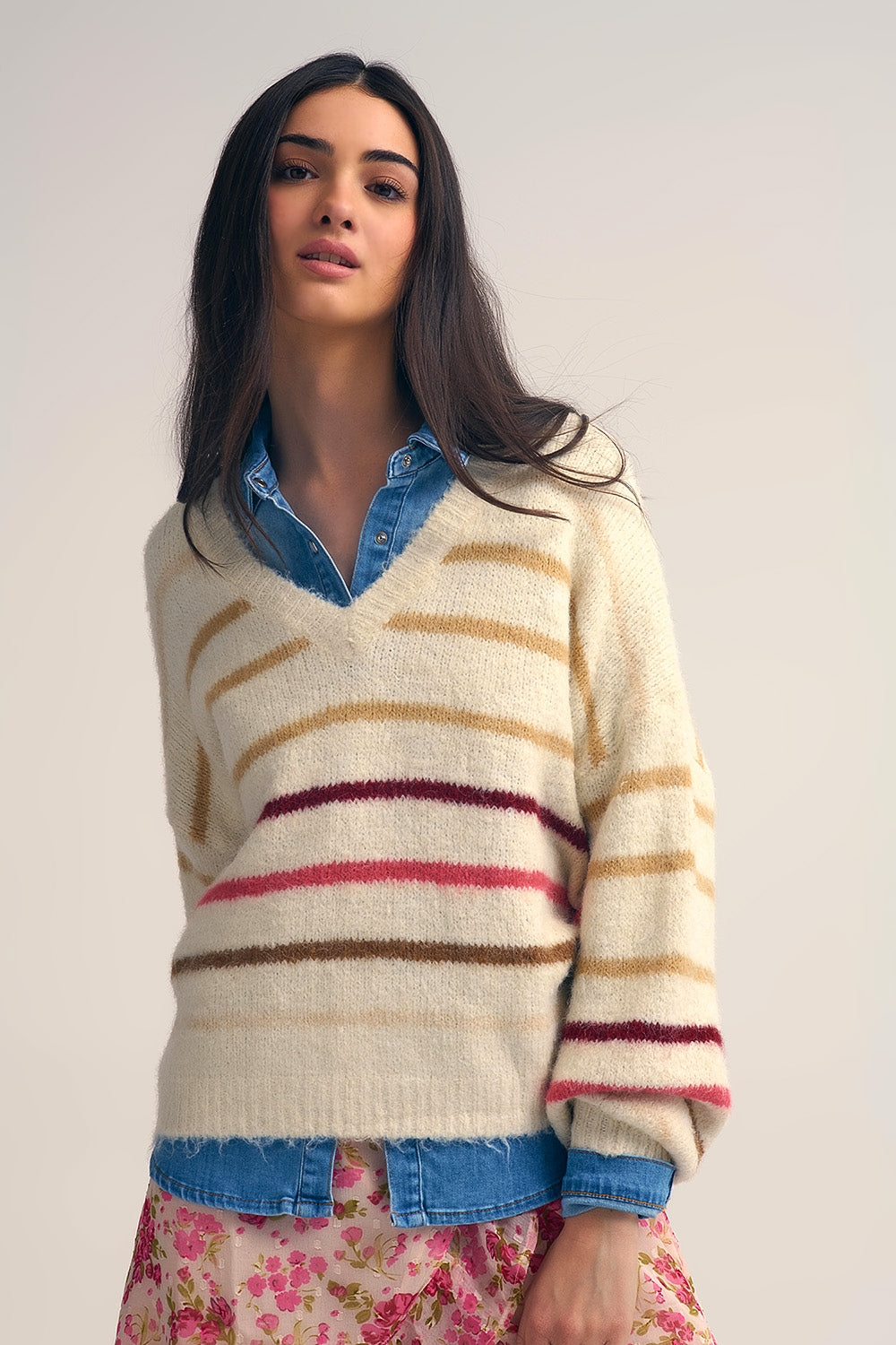 Cream Oversized Sweater with Multicolor Stripe