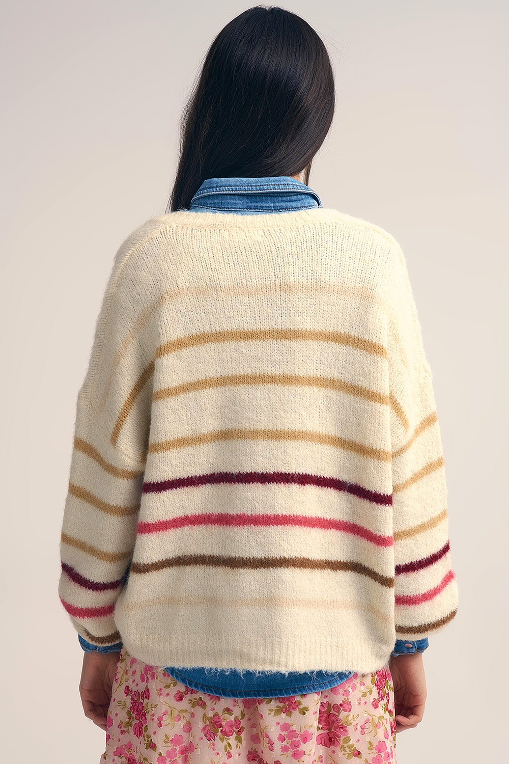Cream Oversized Sweater with Multicolor Stripe
