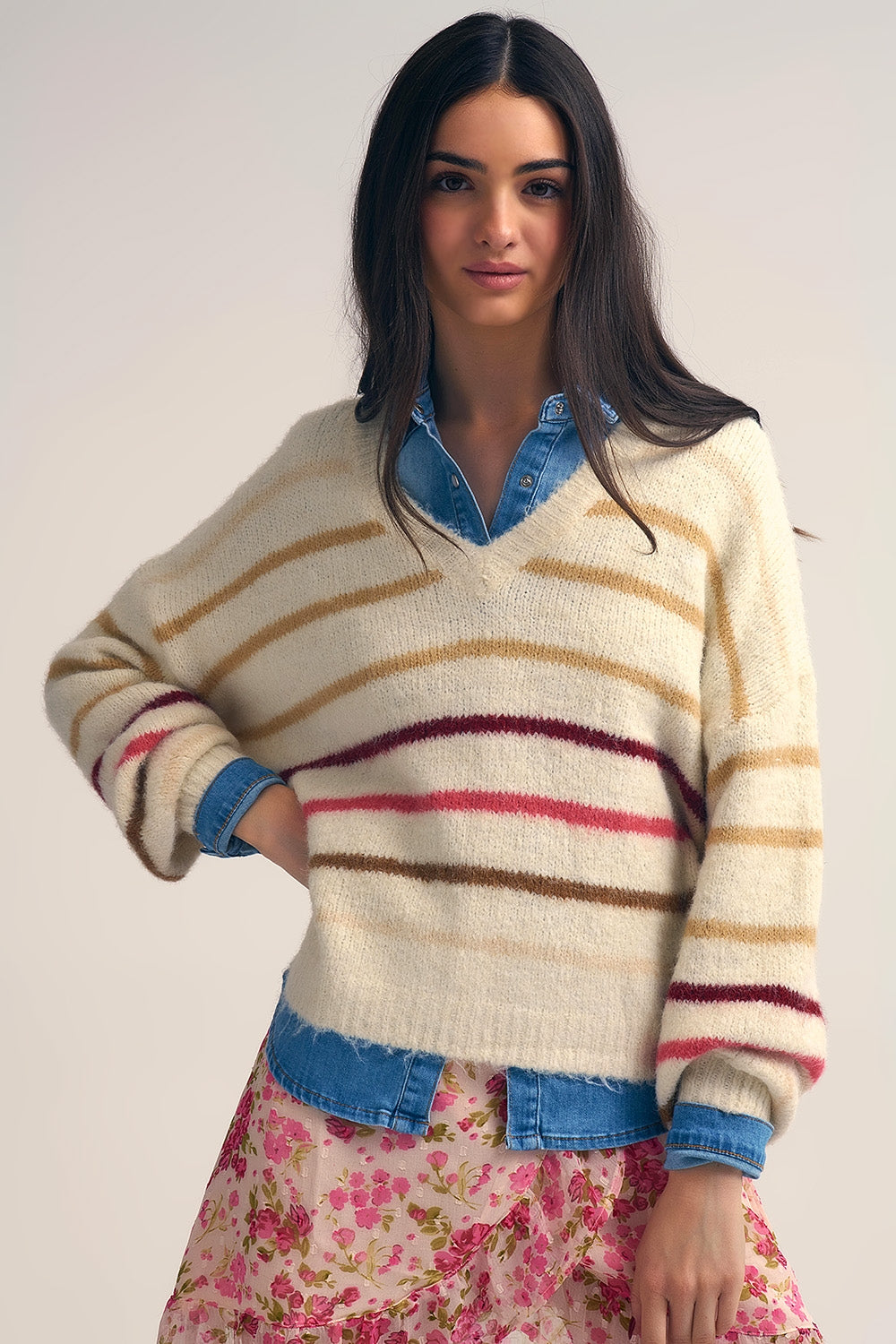 Q2 Cream Oversized Sweater with Multicolor Stripe
