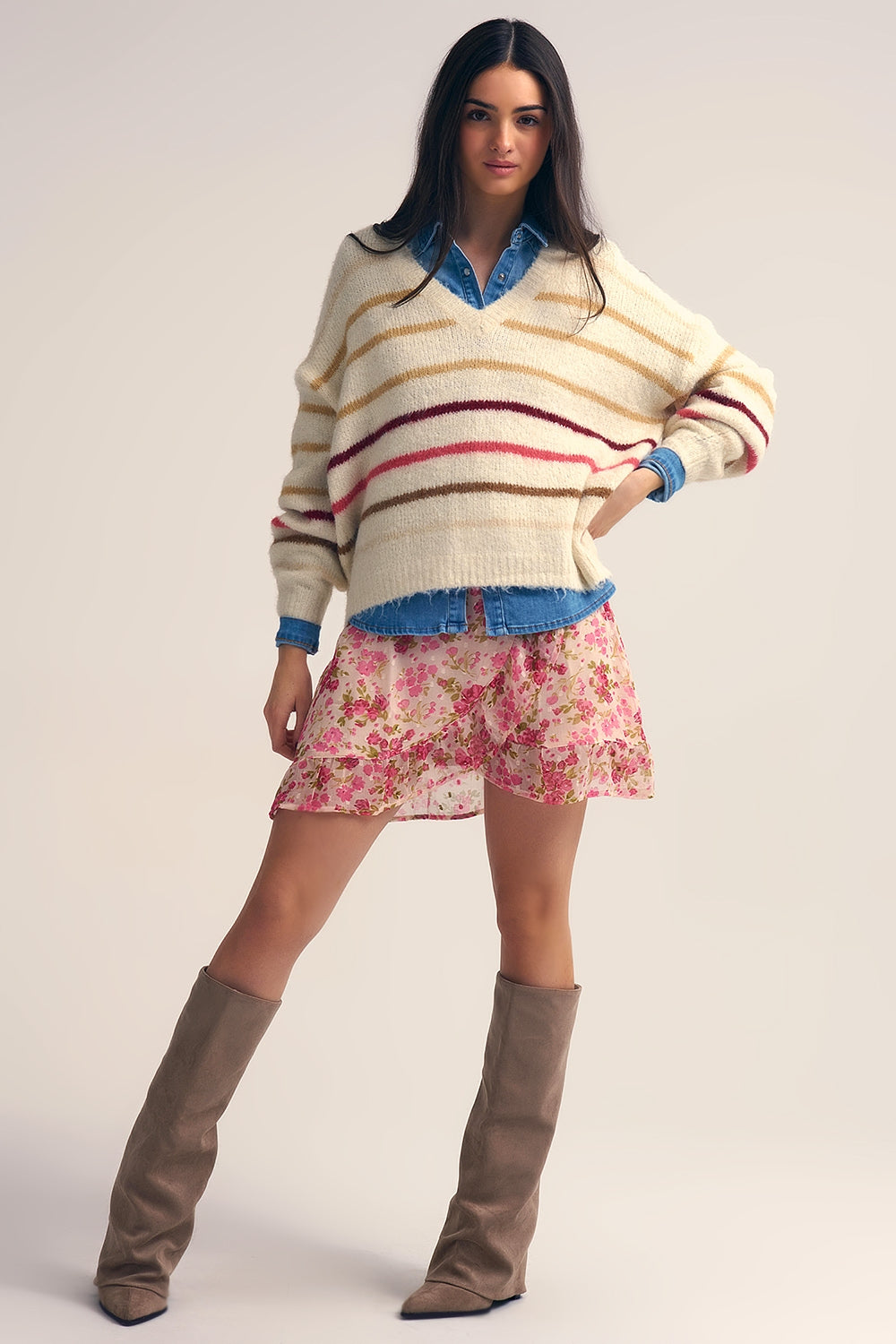 Cream Oversized Sweater with Multicolor Stripe