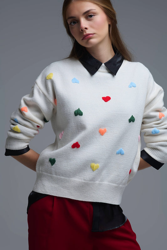 Q2 Cream Sweater With Multicolor Embroidered Hearts