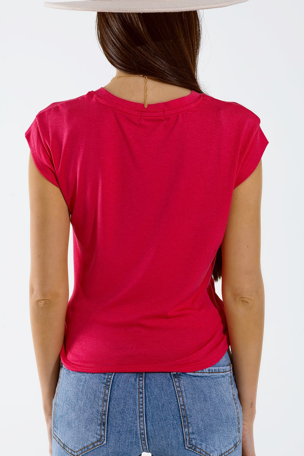 T-shirt met ronde hals, gedrapeerd design en kapmouw in fuchsia