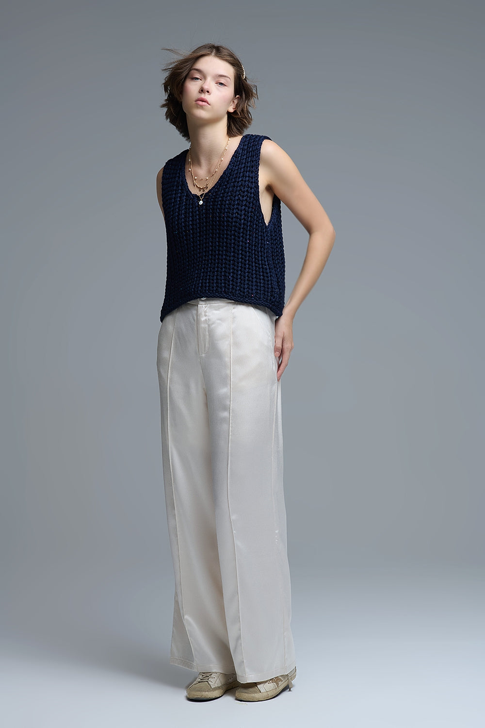 Crochet Cropped Vest in Navy With sequins Thread