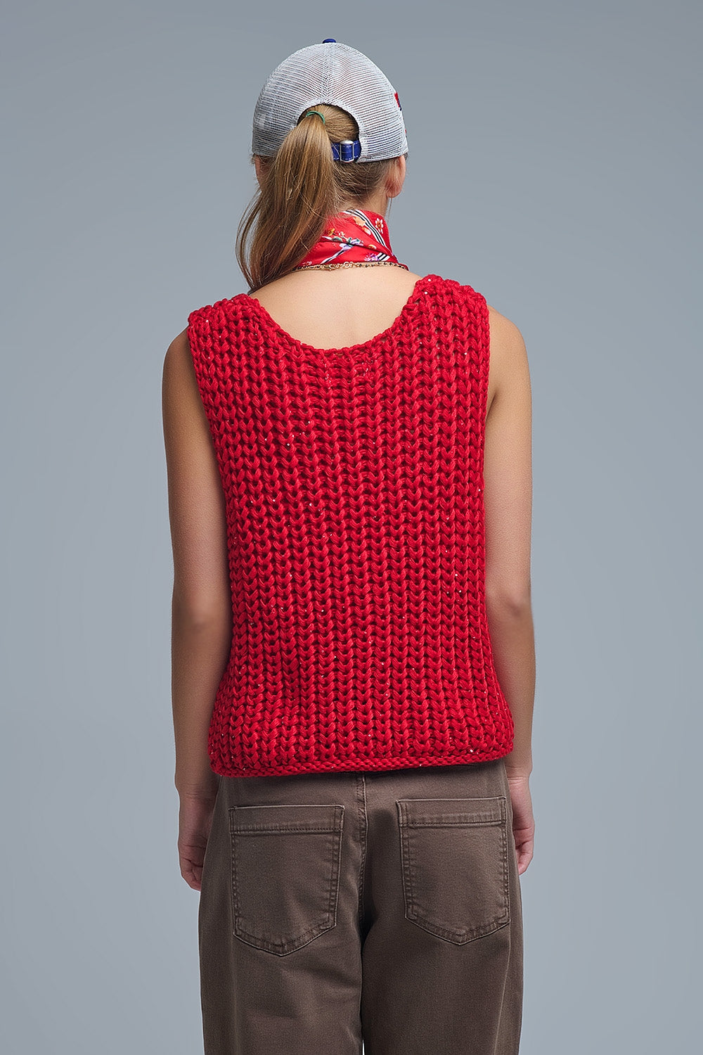 Crochet Cropped Vest in Red With sequins Thread