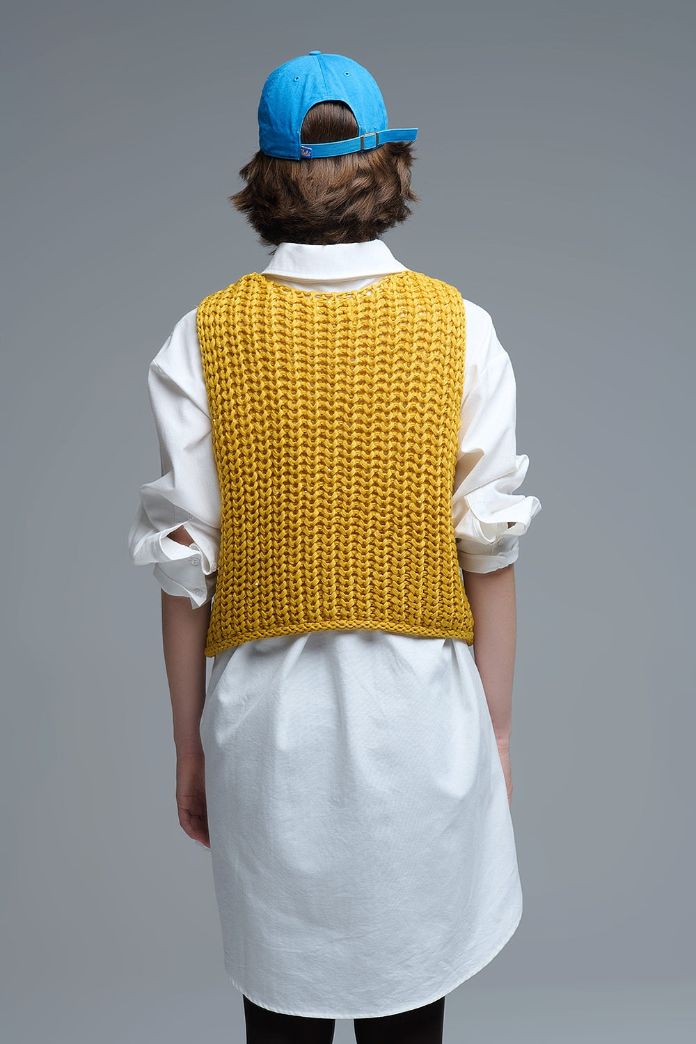 Crochet Cropped Vest in Yellow With sequins Thread
