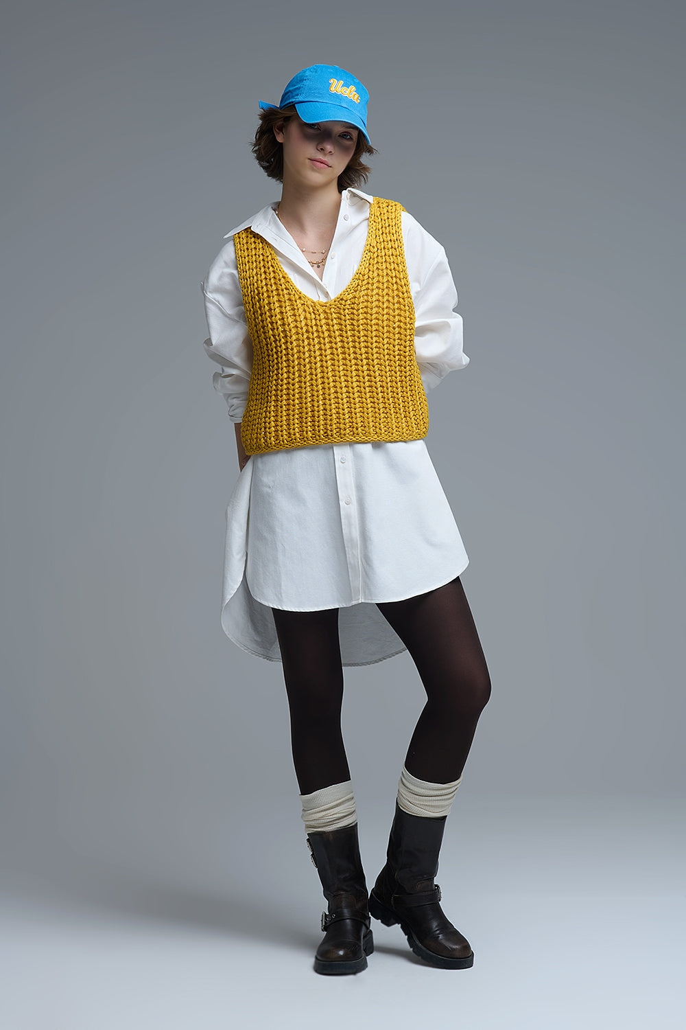 Crochet Cropped Vest in Yellow With sequins Thread