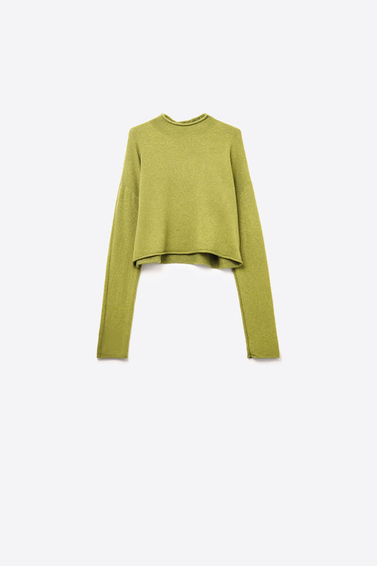 Q2 crop khaki sweater with hem and collar