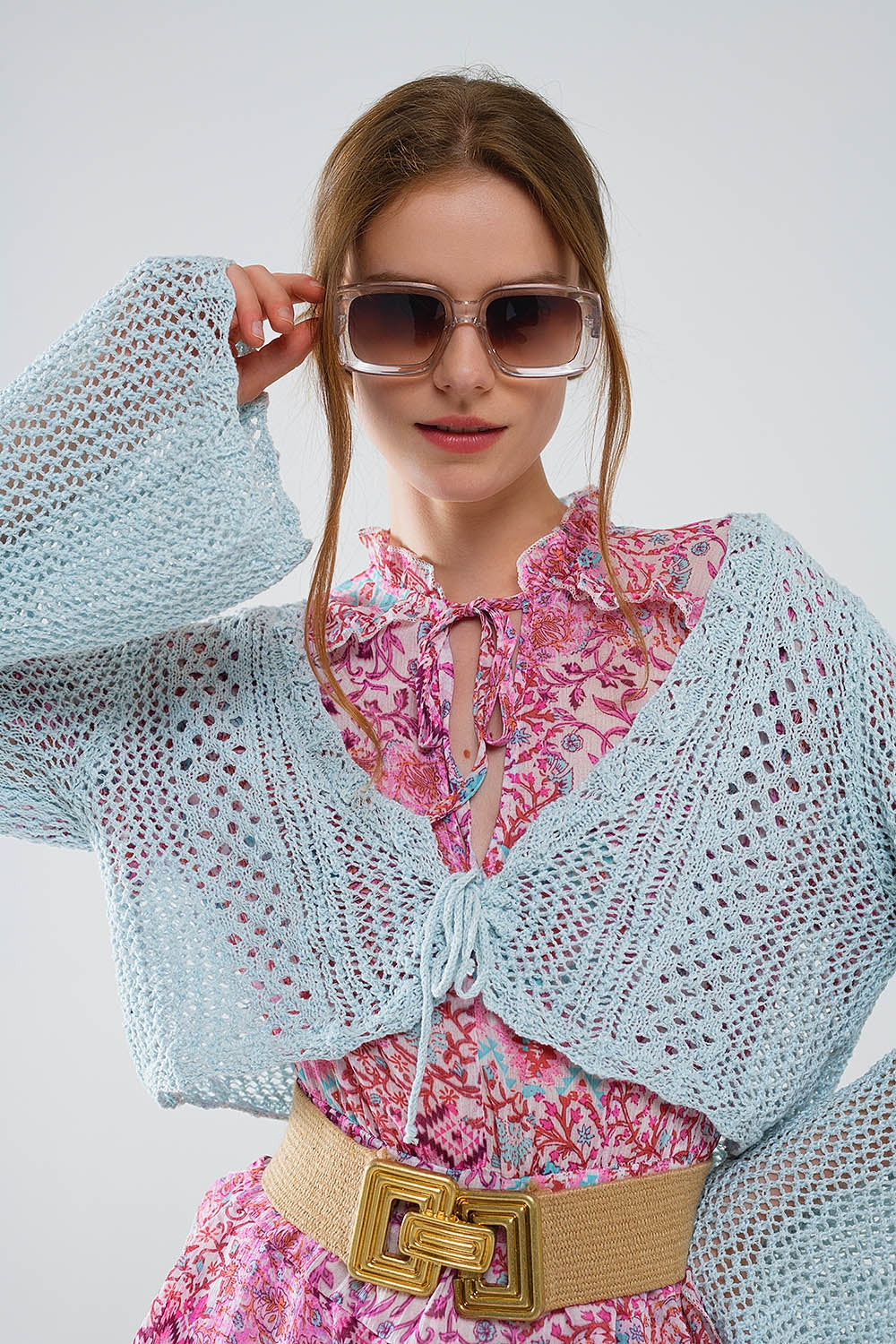 Cropped Cardigan In Baby Blue With Tie Closing